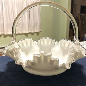 Vintage Fenton ruffled milk glass basket